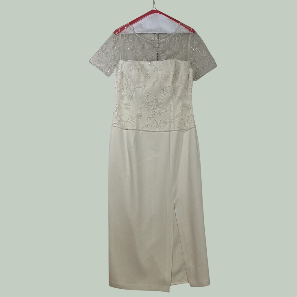 Michelangelo Ivory Beaded Floral Illusion Gown Short Sleeve Formal Dress P2157